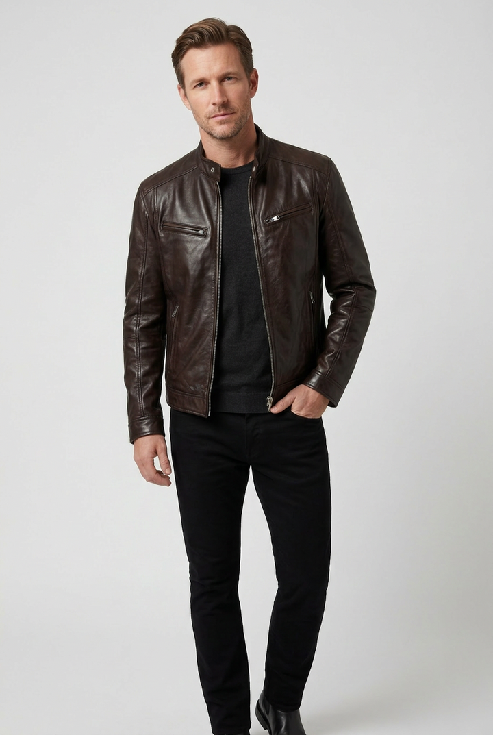 Homme en pied portant la veste marron foncé ouverte avec un jean noir sur fond clair 6