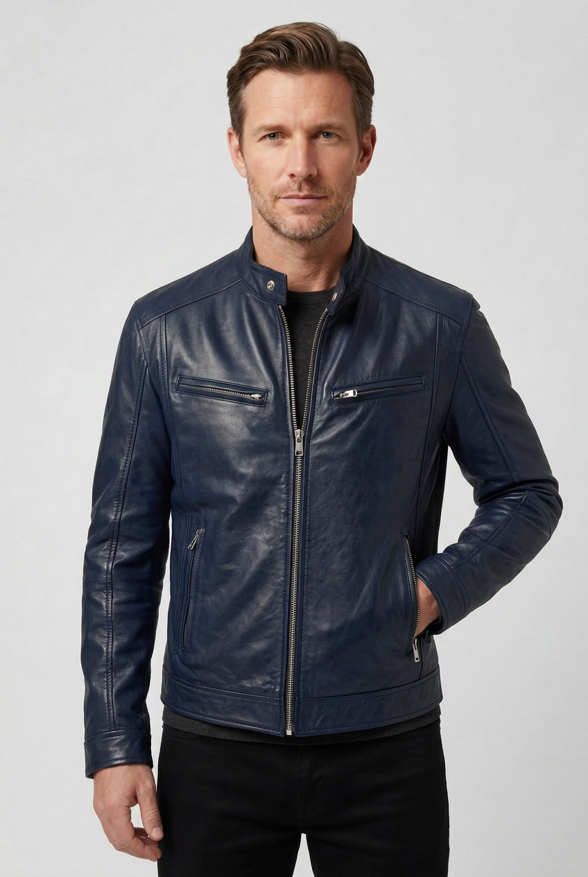 Veste de coloris bleu marine portée fermée par un homme, une main dans la poche latérale 7