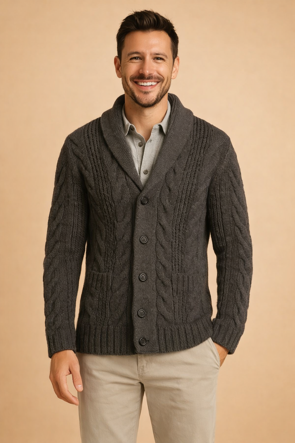 Homme face caméra en cardigan gris anthracite à torsades, col châle et poches côtelées, la main droite dans la poche du pantalon beige. 5