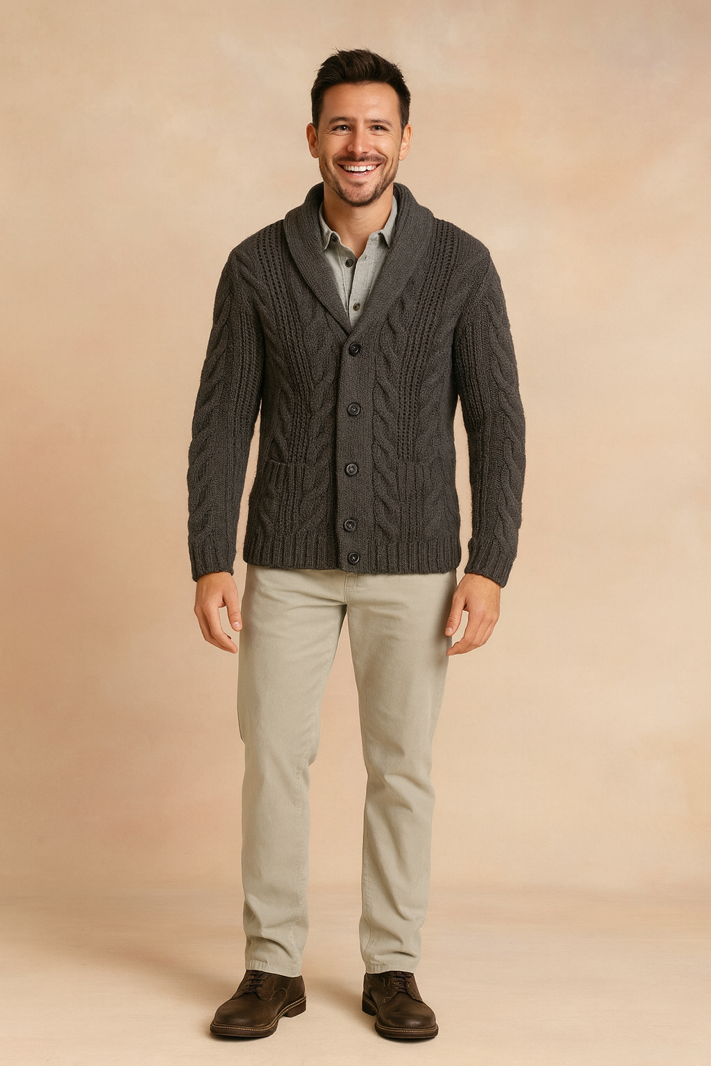 Homme en pied, bras le long du corps, portant le cardigan gris anthracite à col châle avec pantalon beige et chaussures marron. 6
