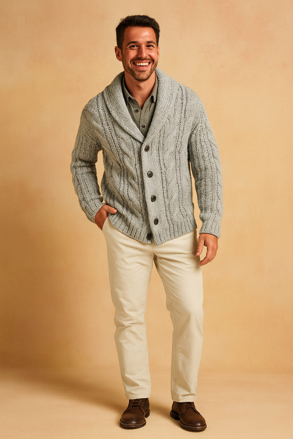 Homme en pied portant le cardigan gris clair à col châle avec pantalon crème et bottines marron, une main dans la poche. 8