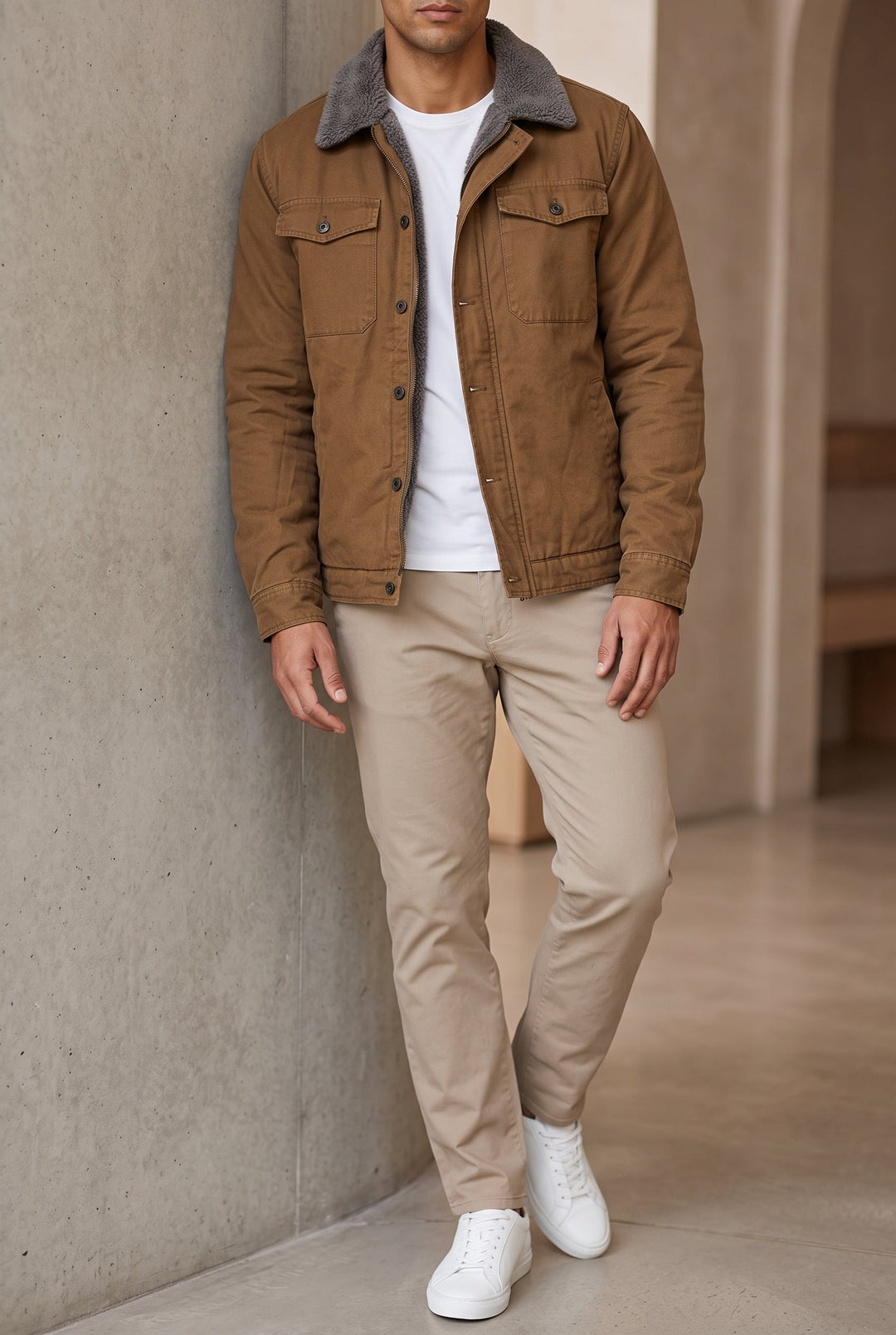 Homme portant la veste marron ouverte sur un t-shirt blanc, avec pantalon beige et baskets blanches 2