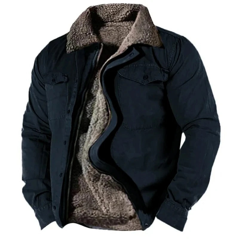 Veste bleu marine entrouverte sur fond blanc, col et doublure en laine bouclée beige-gris 6