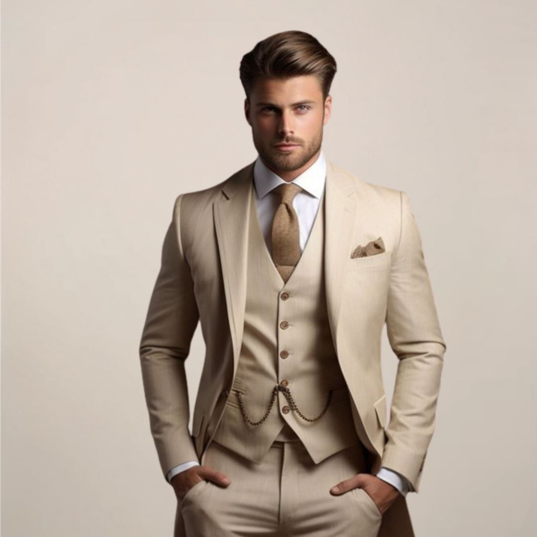 Homme portant le costume trois pièces beige, veste, gilet à chaînette et pantalon, cravate tricotée et pochette assorties, mains dans les poches. 1