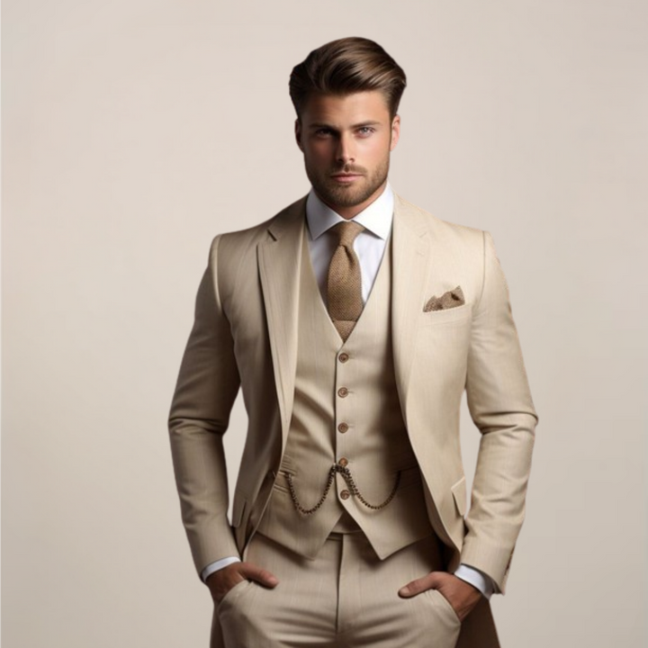 Homme portant le costume trois pièces beige, veste, gilet à chaînette et pantalon, cravate tricotée et pochette assorties, mains dans les poches. 1