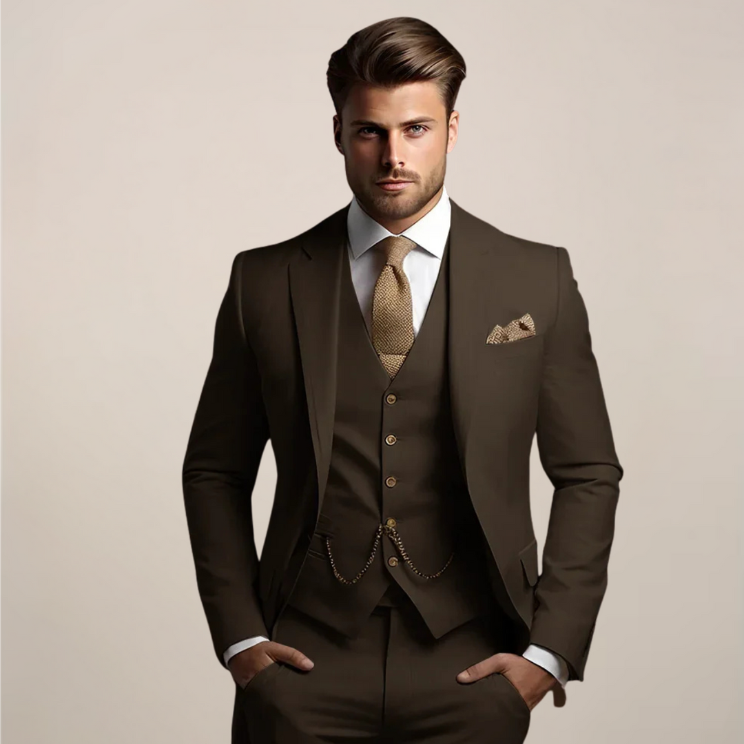 Costume trois pièces en version marron foncé, porté avec chemise blanche, cravate tricotée dorée, pochette et gilet à chaînette. 3