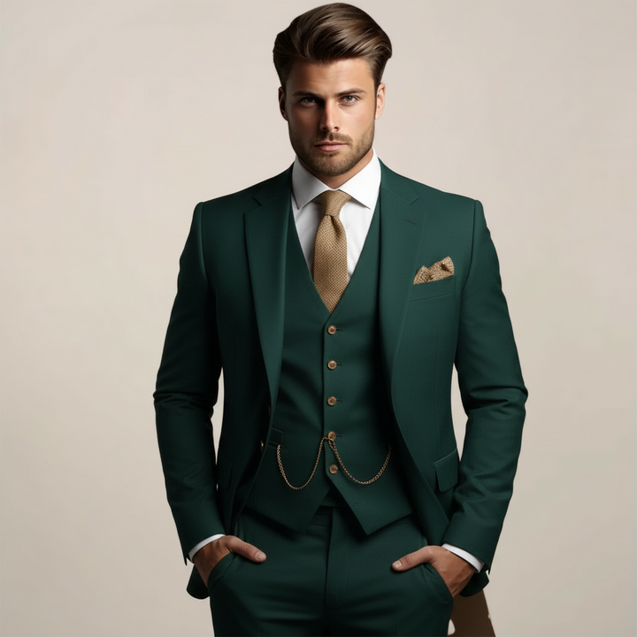 Costume trois pièces en version vert foncé, porté par un mannequin, avec gilet boutonné, chaînette, cravate et pochette dorées. 4