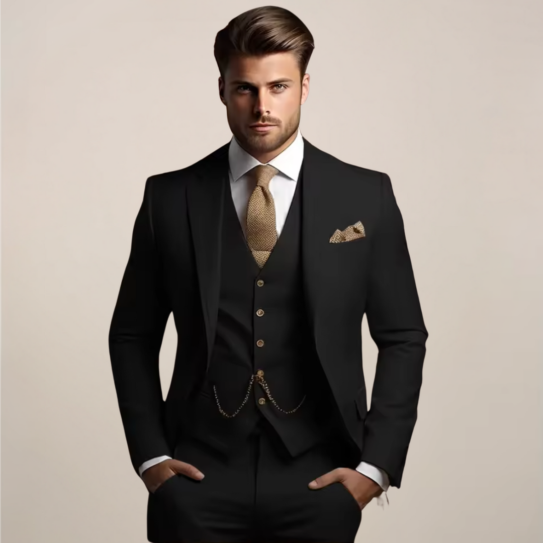 Costume trois pièces en version noire, porté par un mannequin avec chemise blanche, cravate tricotée dorée, pochette et gilet à chaînette. 6