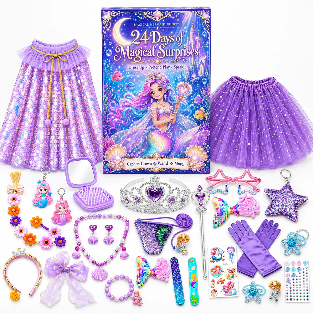 Boîte du calendrier entourée de tous ses accessoires violets : cape, tutu, tiare, baguette, bijoux et autocollants 2