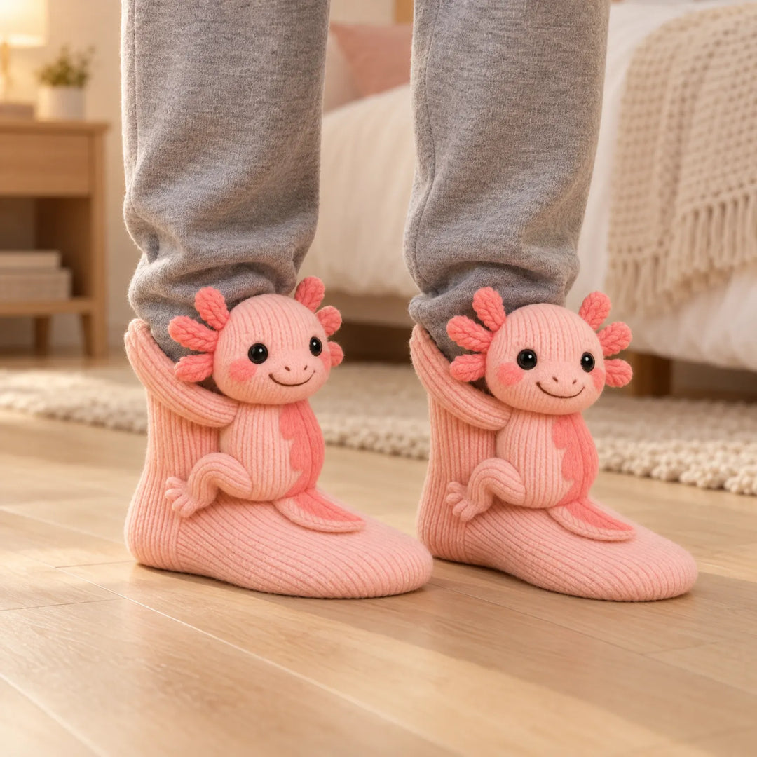 Paire de chaussettes roses portées dans une chambre, chacune ornée d'un axolotl tricoté en relief 1