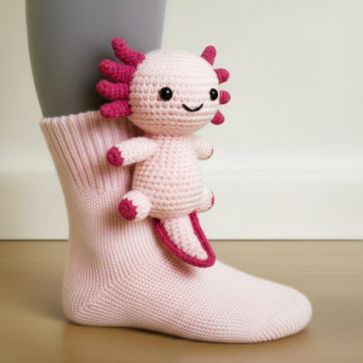 Chaussette rose pâle portée, avec un axolotl au crochet en relief aux branchies framboise 10