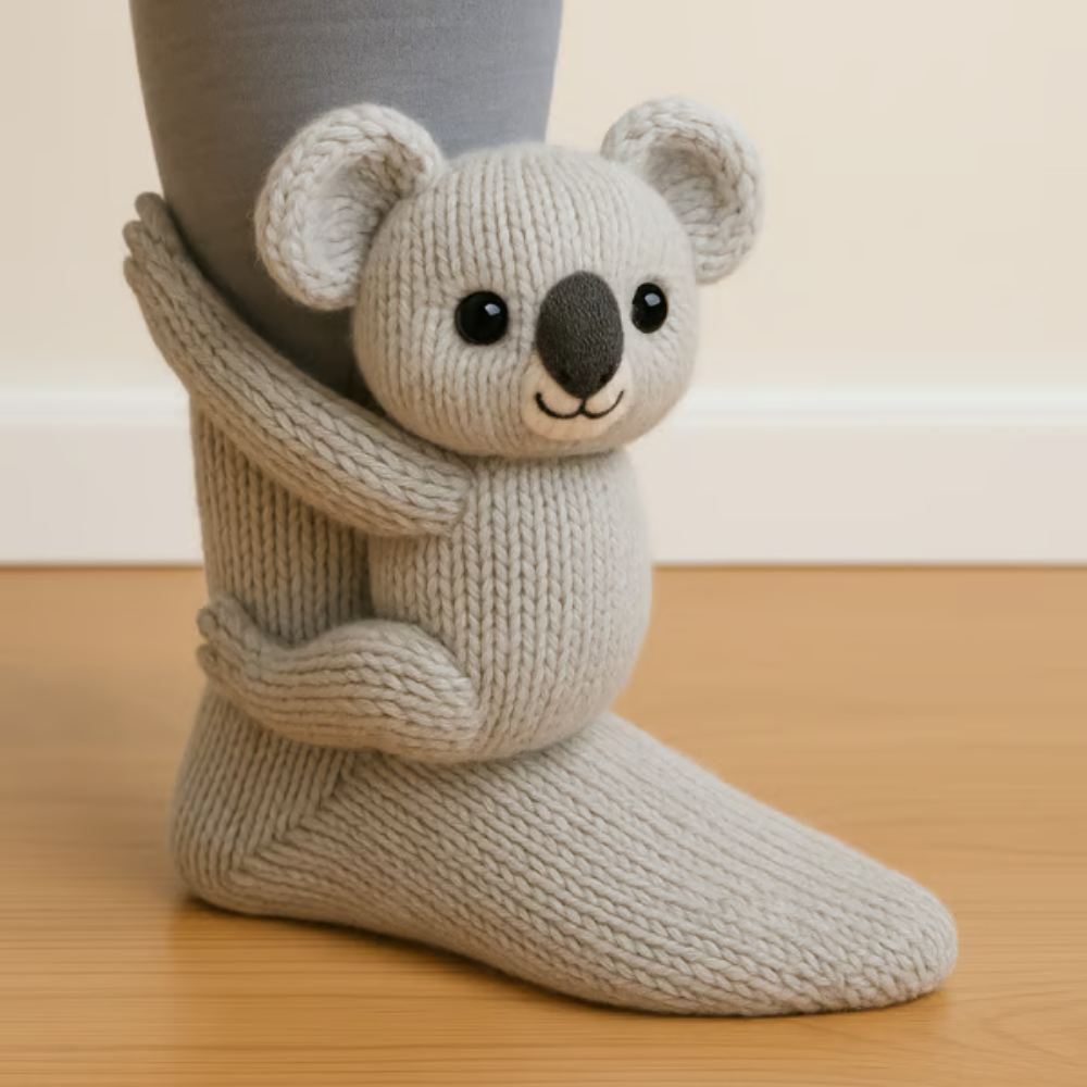 Chaussette grise portée, avec un koala tricoté en 3D qui enlace la jambe 11