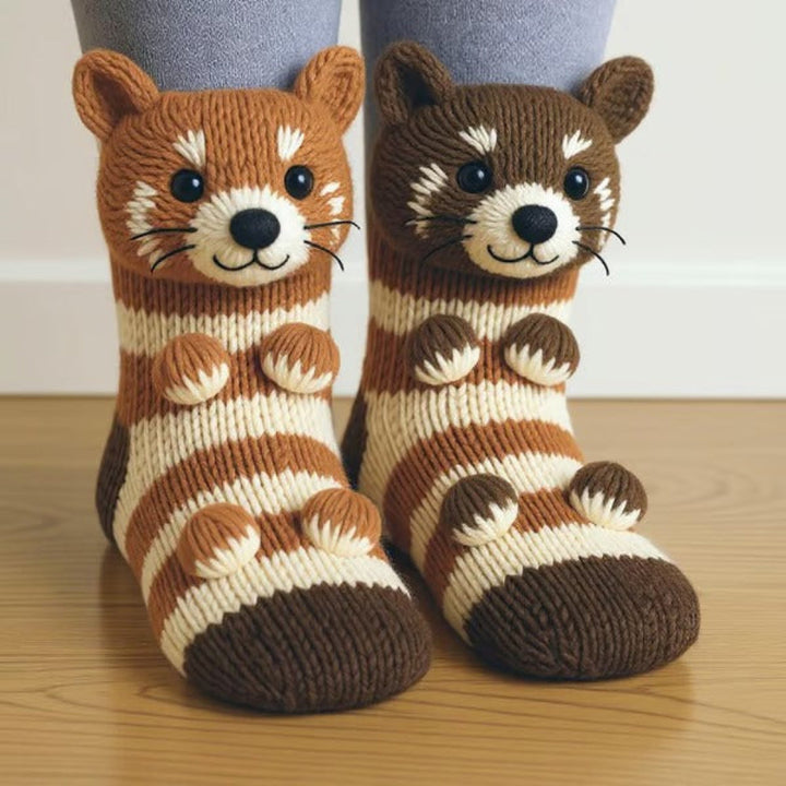 Paire de chaussettes rayées orange, crème et marron, avec têtes d'animaux sur la cheville et pattes sur le pied 12