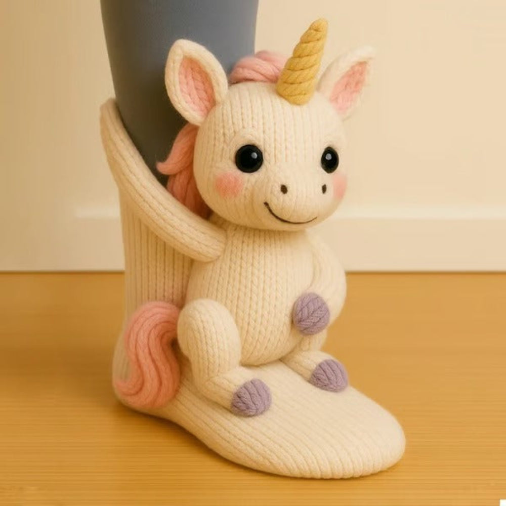 Chaussette crème portée, avec une licorne tricotée en 3D à la corne dorée et à la crinière rose 13