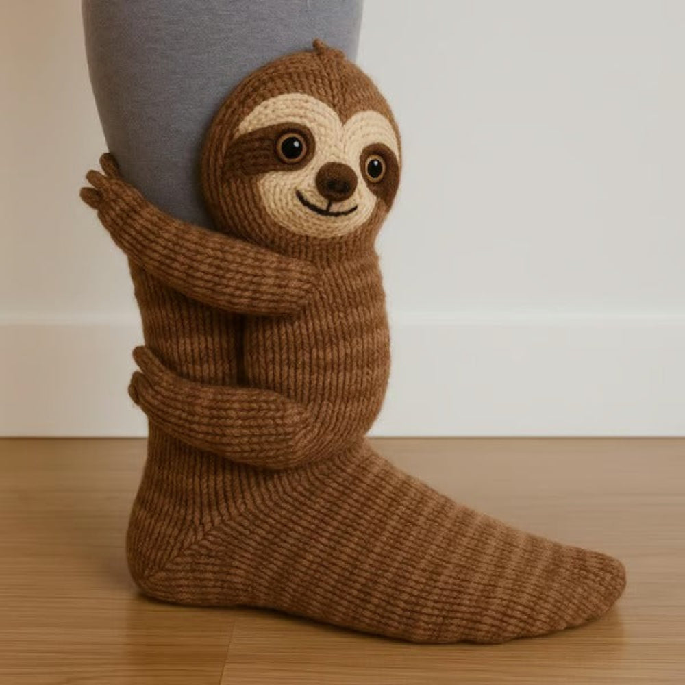 Chaussette marron portée, avec un paresseux tricoté en 3D qui enlace la jambe 2