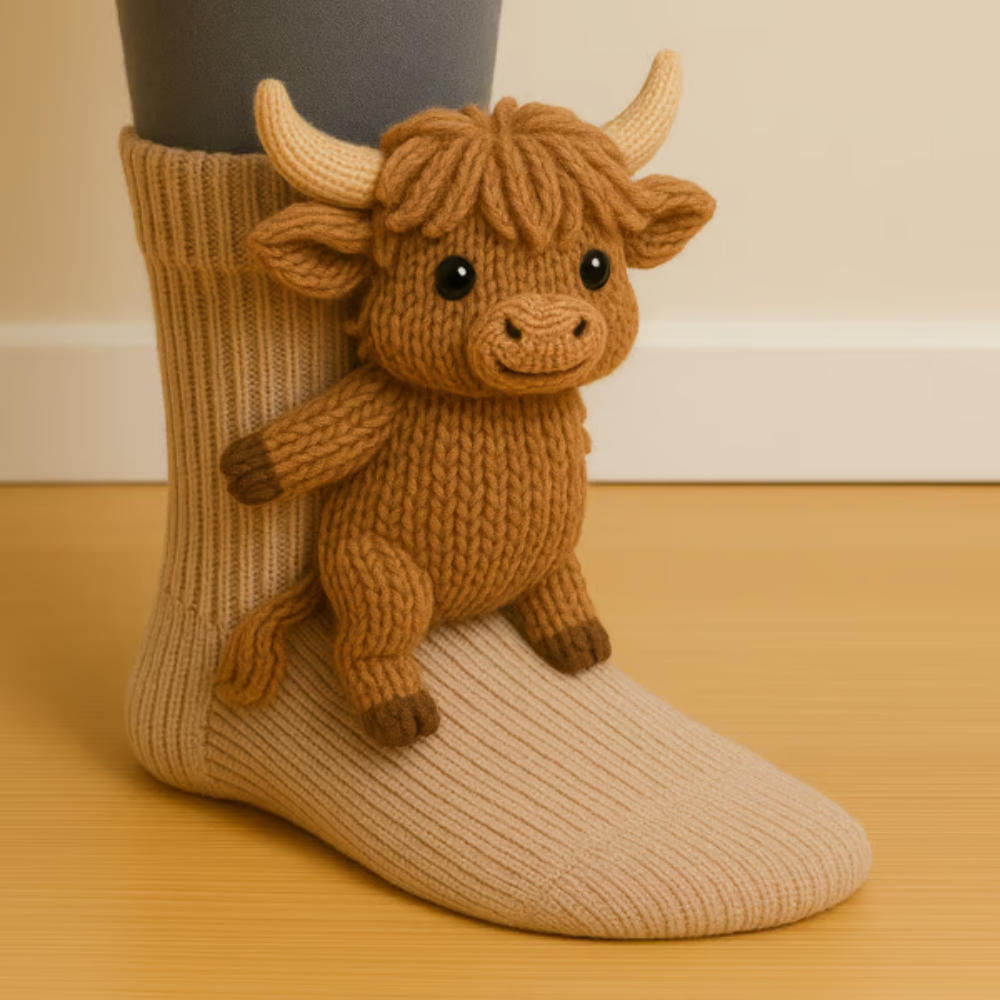 Chaussette beige côtelée portée, avec une petite vache highland tricotée en 3D aux cornes crème 4