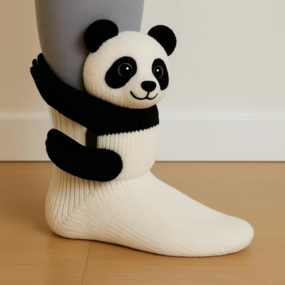 Chaussette blanche portée, avec un panda tricoté en 3D aux bras noirs enlaçant la cheville 6