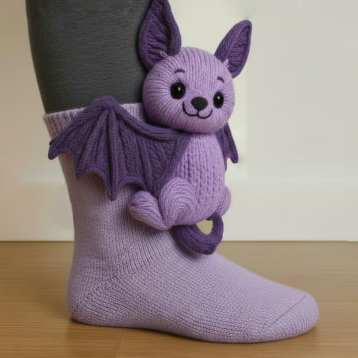 Chaussette lilas portée, avec une chauve-souris violette tricotée en 3D aux ailes déployées 8