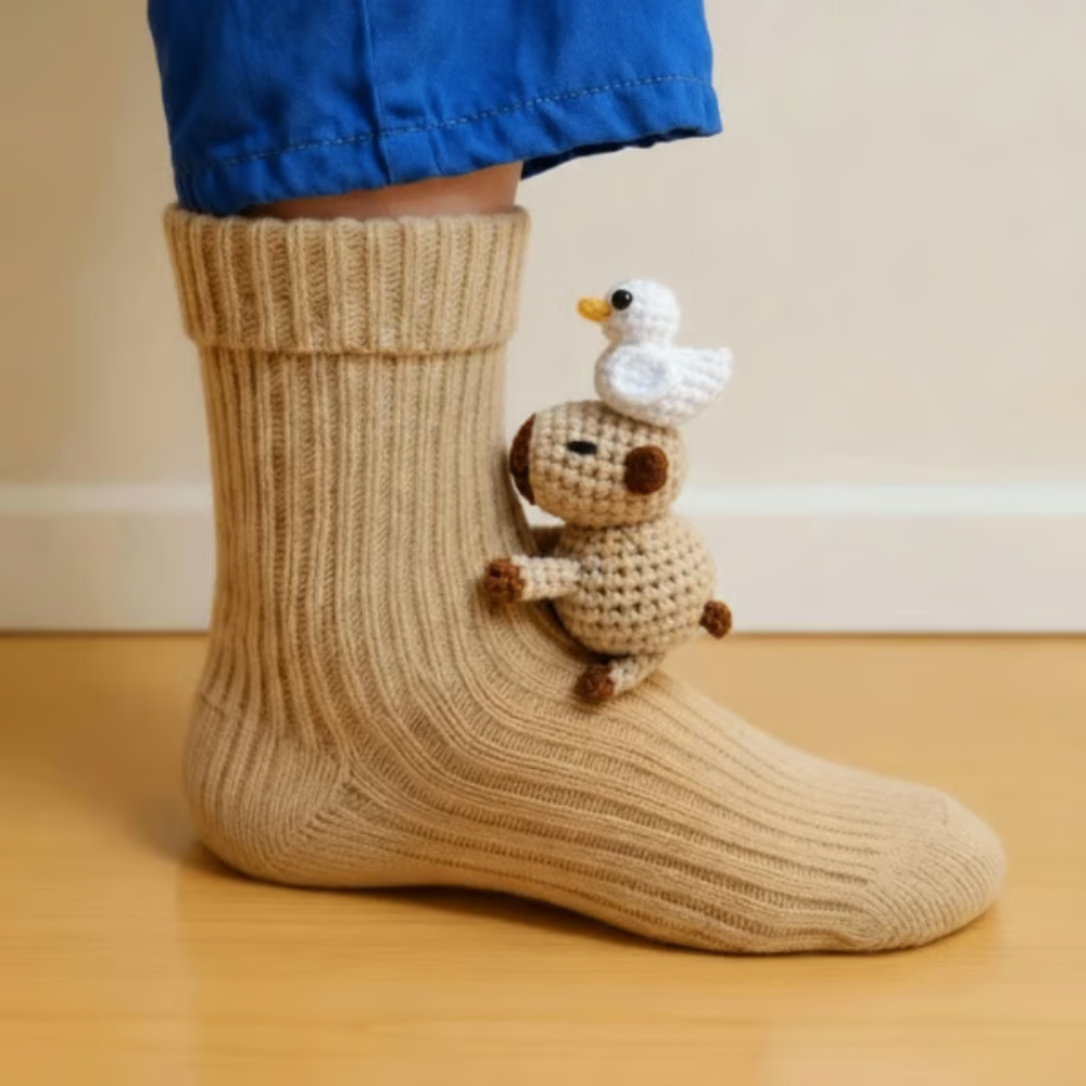Chaussette beige côtelée portée, avec un petit capybara au crochet portant un canard blanc sur la tête 9