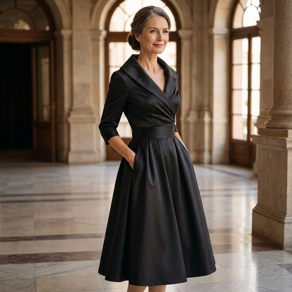 Robe noire portée par une femme aux cheveux gris dans un hall en marbre, une main dans la poche. 10