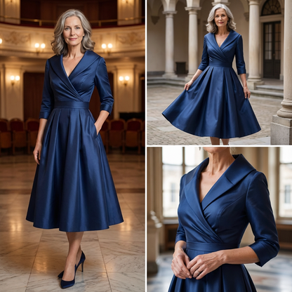 Trois photos de la robe bleu marine portée dans une salle de théâtre et une cour, dont un gros plan du col. 7