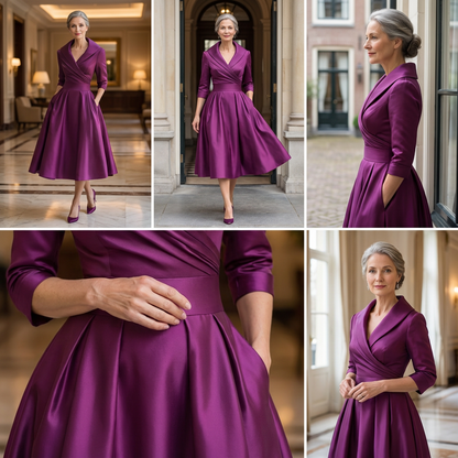 Cinq photos de la robe violette portée dans un hall et à l'extérieur, avec vue de profil et détail de la taille. 8