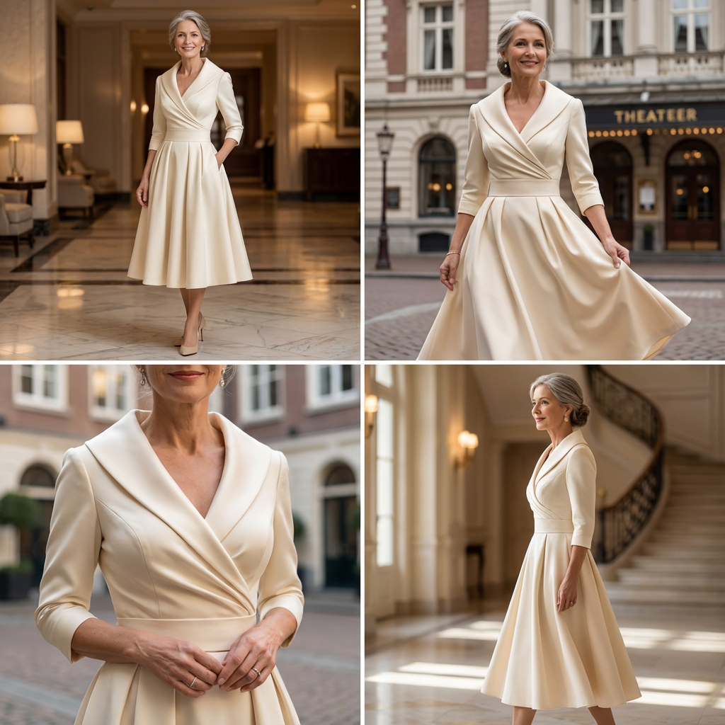 Quatre photos de la robe crème portée en intérieur et en ville, dont un gros plan sur le col croisé. 9