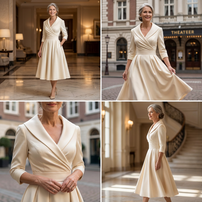 Quatre photos de la robe crème portée en intérieur et en ville, dont un gros plan sur le col croisé. 9