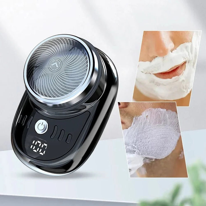 Rasoir noir à grille ronde, avec deux photos d'hommes le visage couvert de mousse à raser pour illustrer l'usage. 4