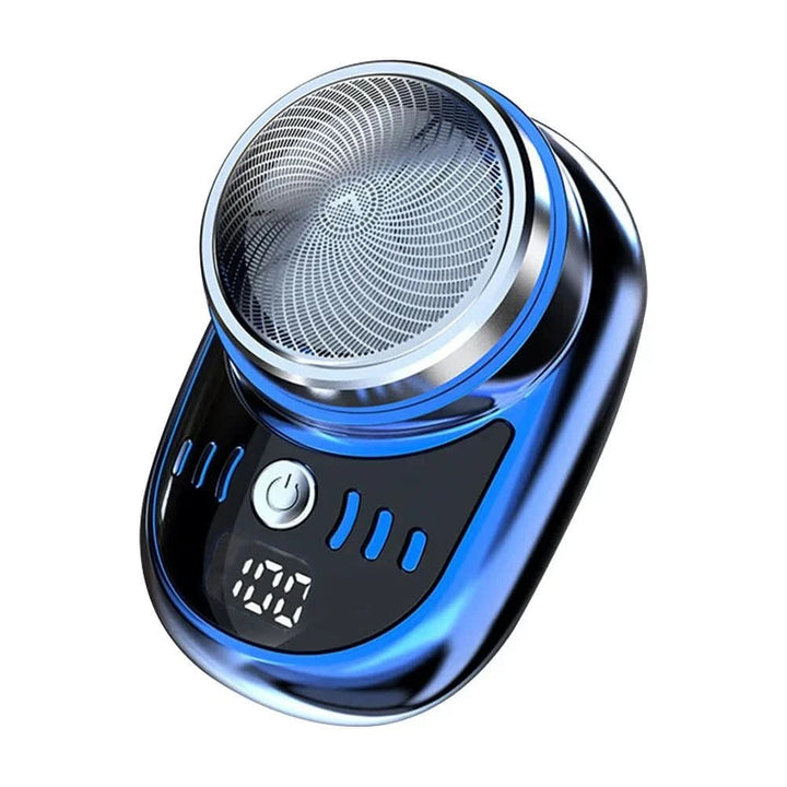 Mini rasoir à tête ronde, version noire aux reflets bleus, avec bouton marche et écran numérique affichant la charge, sur fond blanc. 1