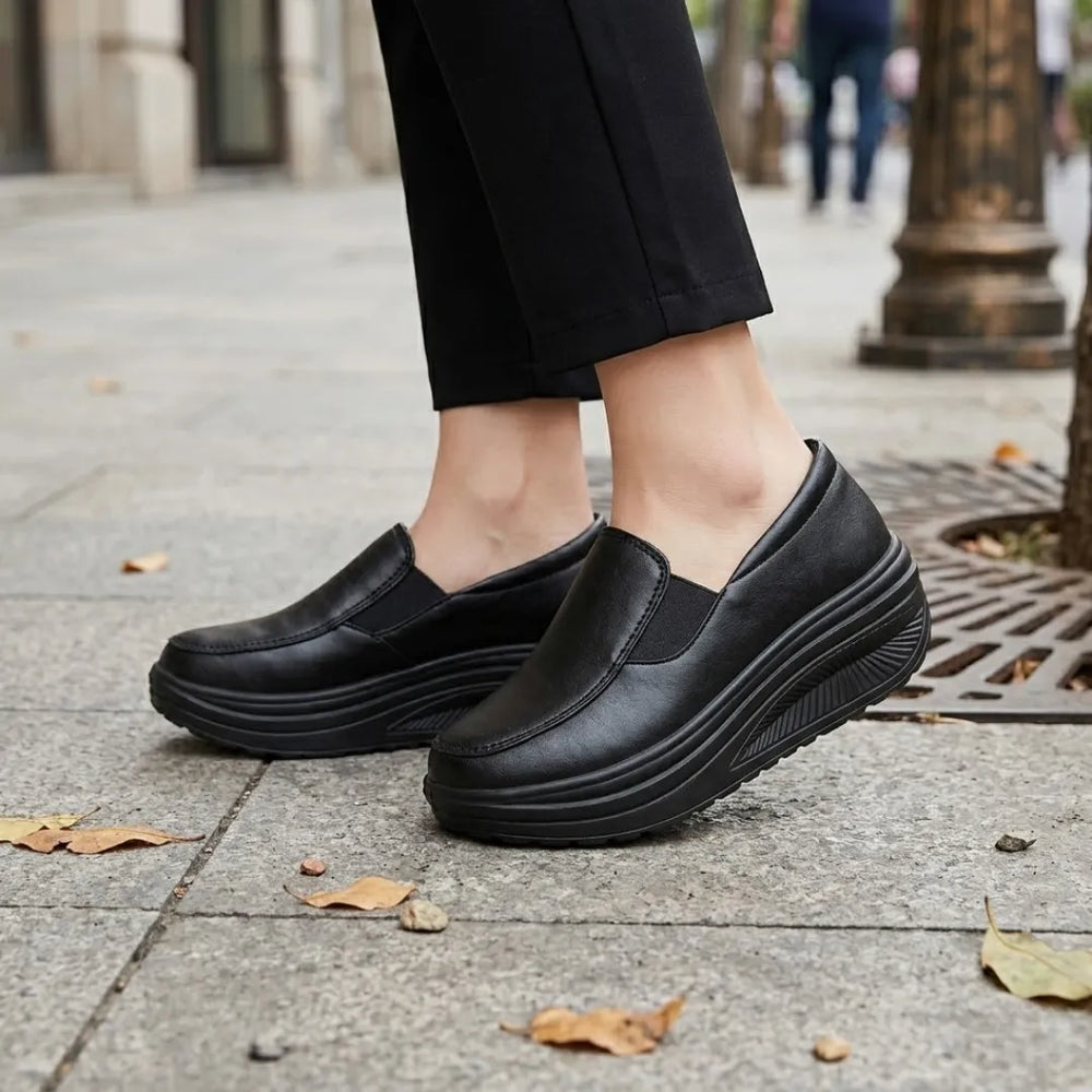 Pieds de femme portant les mocassins noirs à semelle compensée, sur un trottoir en ville 2