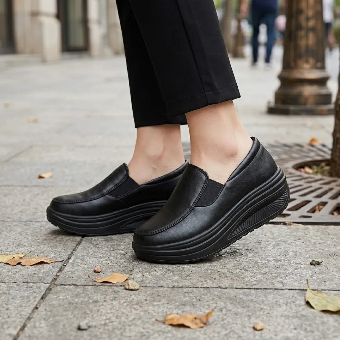 Pieds de femme portant les mocassins noirs à semelle compensée, sur un trottoir en ville 2