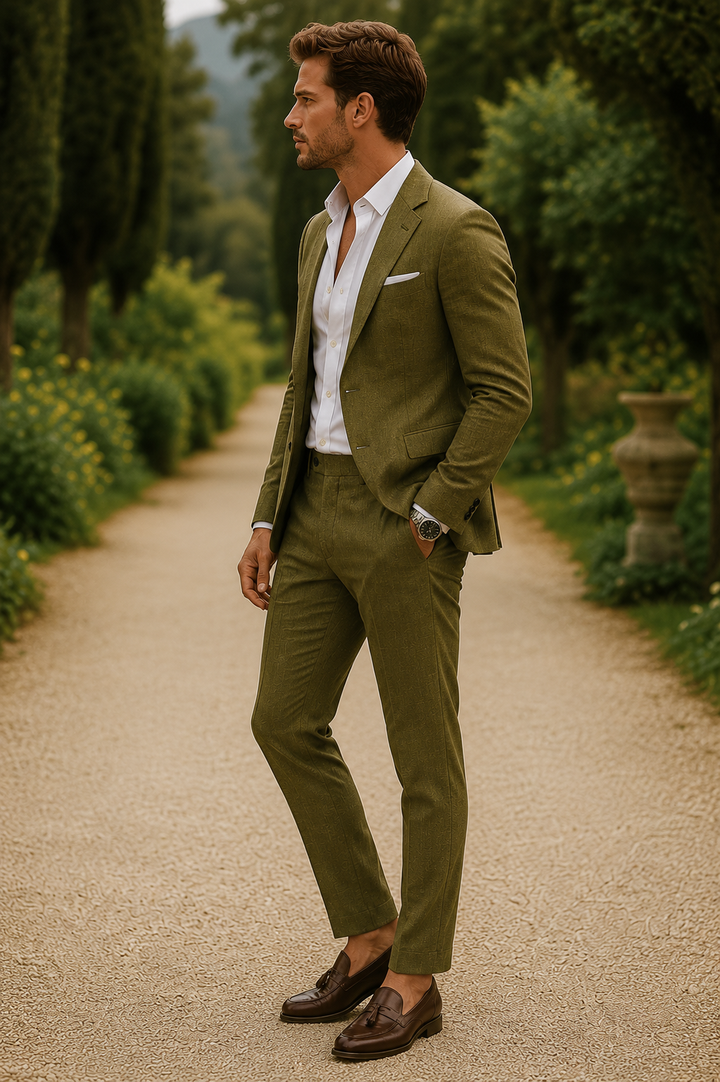 Homme de profil dans un jardin, costume vert olive, chemise blanche et mocassins marron à pampilles 11