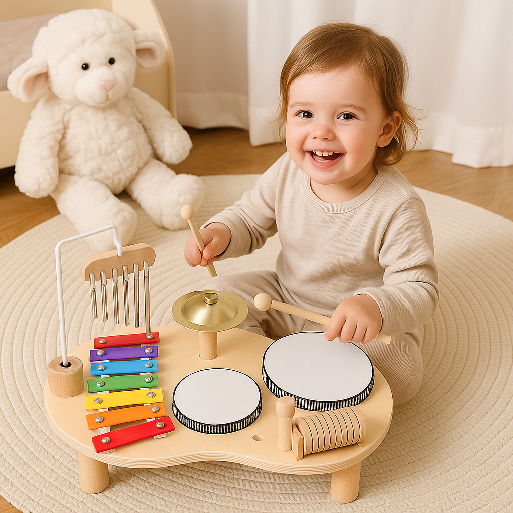 Jeune enfant souriant assis devant la table musicale, tenant deux baguettes, avec une peluche en fond. 2
