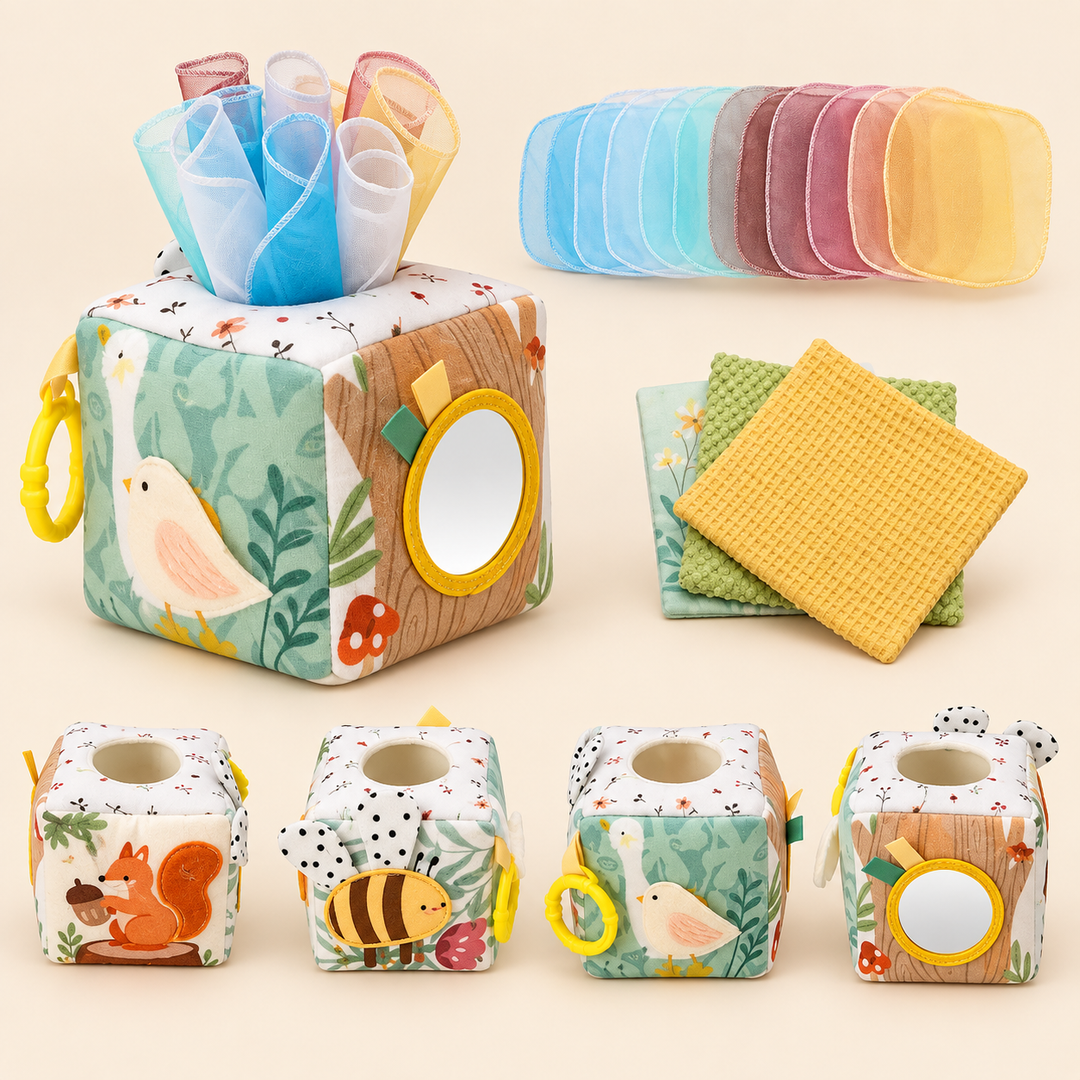 Cube en tissu aux motifs de forêt, avec foulards colorés, livres textures et quatre faces en vue détaillée 1