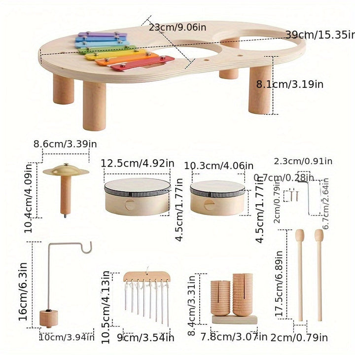 Schéma de la table et de ses accessoires démontés avec leurs dimensions : tambours, cymbale, carillon, baguettes, vis et clé. 3