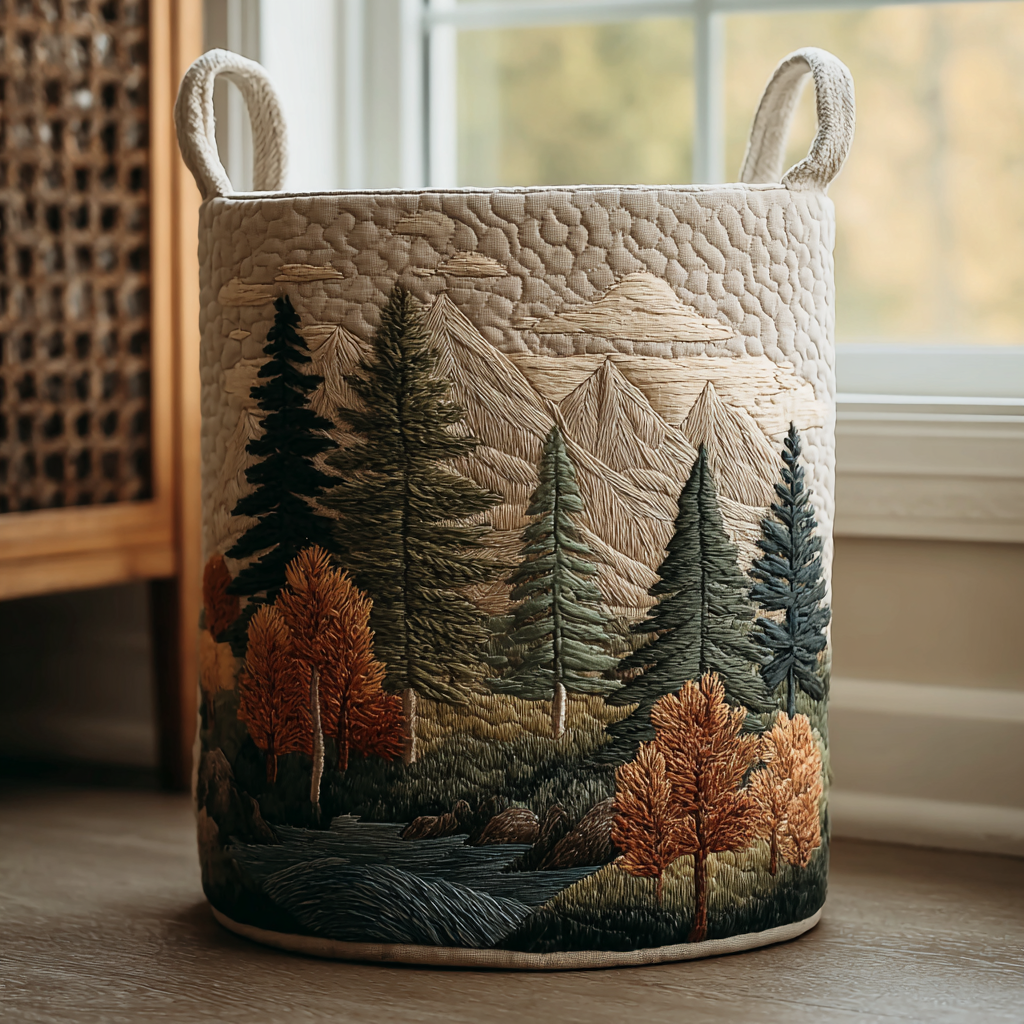 Panier cylindrique en tissu matelassé crème à deux anses, orné d'une forêt de sapins, de montagnes et d'arbres roux brodés. 1