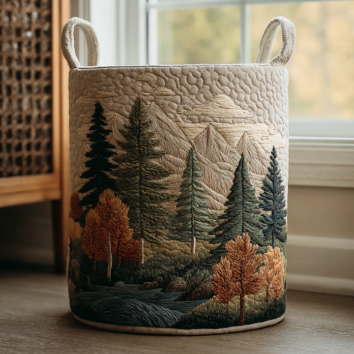 Panier cylindrique en tissu matelassé crème à deux anses, orné d'une forêt de sapins, de montagnes et d'arbres roux brodés. 1