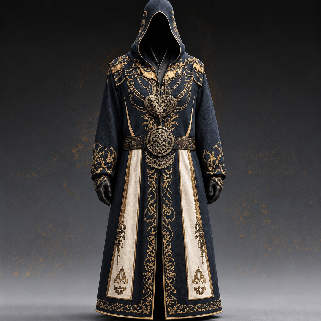 Vue de face d'une longue robe à capuche sombre, ornée de broderies dorées, de panneaux crème et d'une ceinture à médaillon celtique. 1