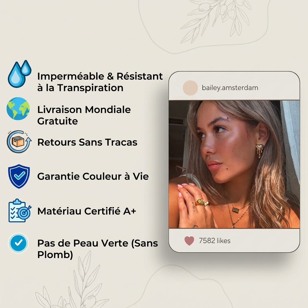 Visuel d'information avec liste d'avantages à gauche et portrait d'une femme portant des bijoux dorés 4