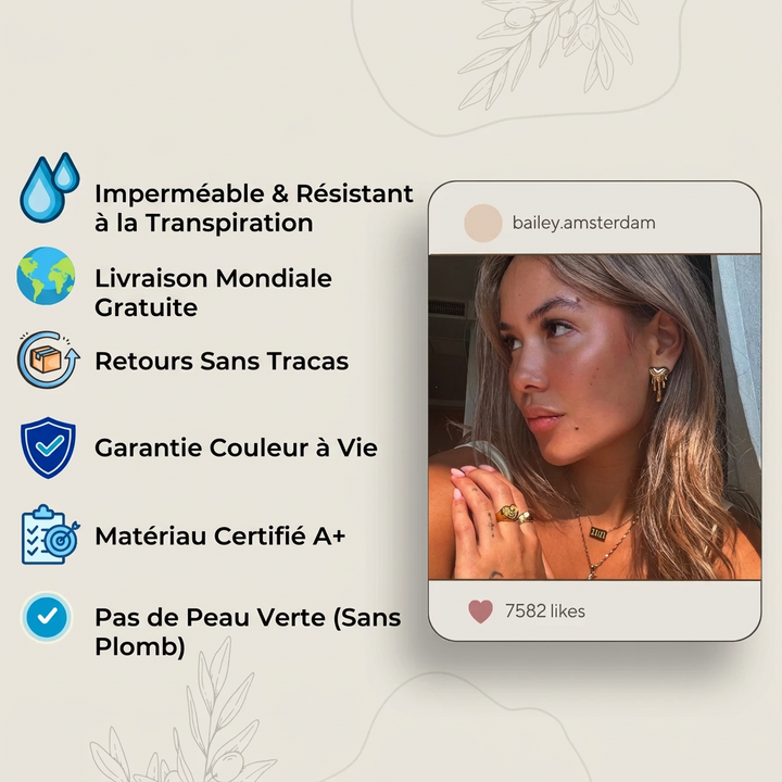 Visuel d'information avec liste d'avantages à gauche et portrait d'une femme portant des bijoux dorés 4