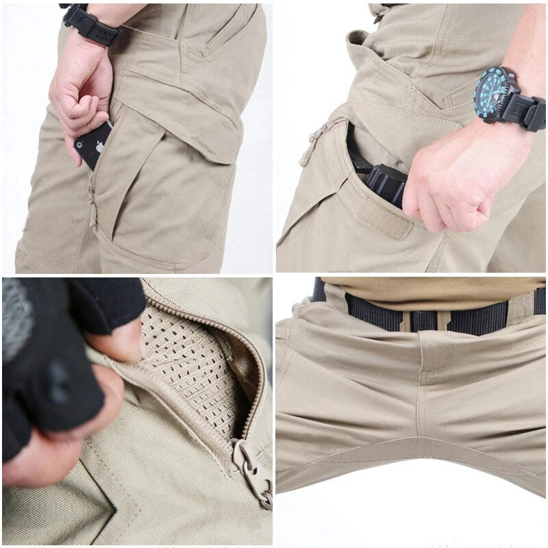 Quatre détails du pantalon beige : smartphone glissé dans la poche cargo, poche à bande velcro, doublure aérée sous zip, entrejambe renforcé. 8