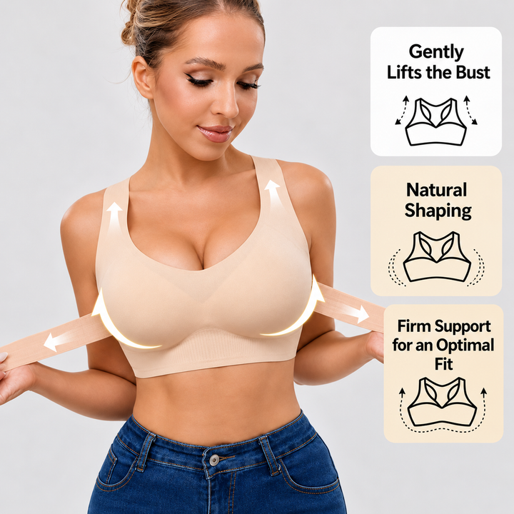 Mannequin en soutien-gorge beige sans coutures, jean taille haute, tirant la bande élastique latérale pour montrer le maintien et l'effet de soutien. 3
