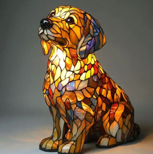 Veilleuse en forme de chiot assis, tête levée, au pelage en vitrail orange et ambre aux touches violettes, sur fond gris. 14