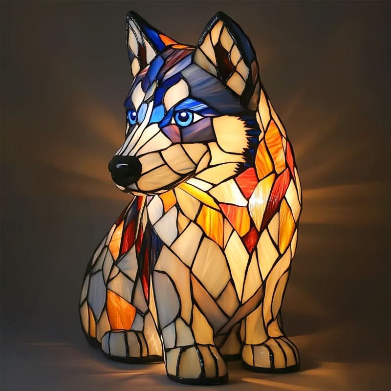 Veilleuse en forme de husky assis aux yeux bleus, au pelage en vitrail blanc, orange et bleu, éclairée sur fond sombre. 15