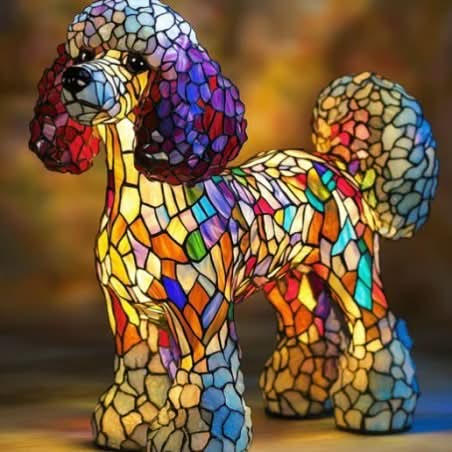 Veilleuse en forme de caniche debout aux oreilles violettes et rouges, au pelage en mosaïque de vitrail multicolore sur fond chaud. 19