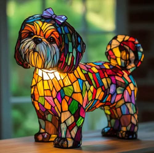 Veilleuse en forme de petit chien à nœud violet sur la tête, queue enroulée, motif vitrail multicolore, posée sur une table devant une fenêtre. 23