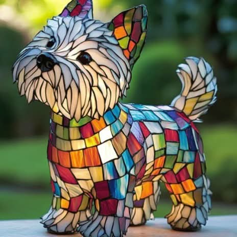 Veilleuse en forme de petit terrier à poil clair, tête levée, corps en mosaïque multicolore, posée à l'extérieur devant un jardin. 26