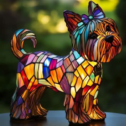 Veilleuse en forme de petit chien à nœud sur la tête et médaille au cou, queue en spirale, vitrail coloré, posée sur une table. 27