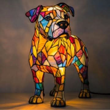 Veilleuse en forme de chien robuste debout, oreilles tombantes, motif vitrail orangé et multicolore, câble noir visible à l'arrière, éclairage chaud. 29